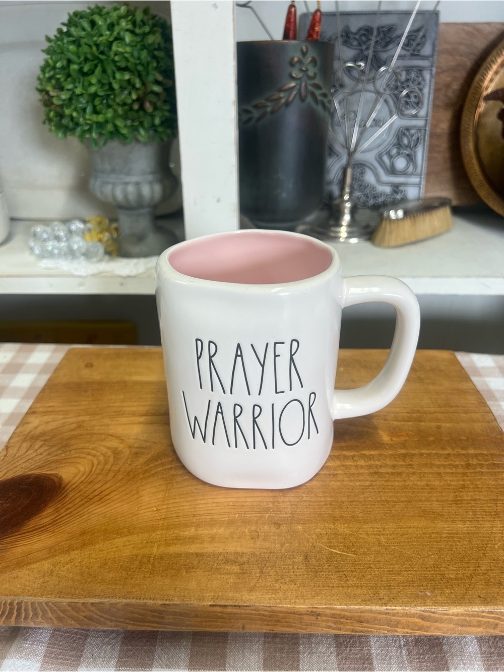 Rae Dunn Prayer Warrior mug cup white pink